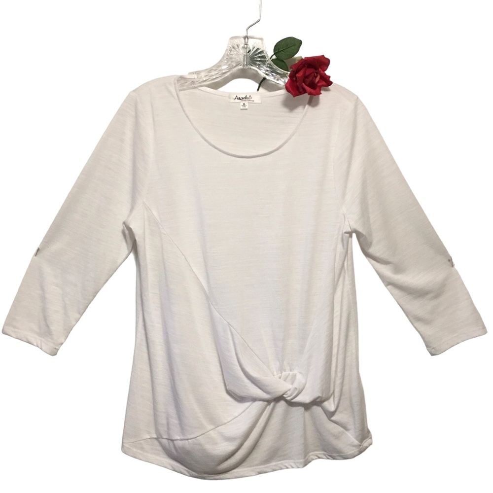 Angels Forever Young Twist front white top 3/4 sleeves scoop neck Med EUC